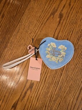 Juicy Couture Light Blue Heart Wristlet Pouch with Floral Embroidery